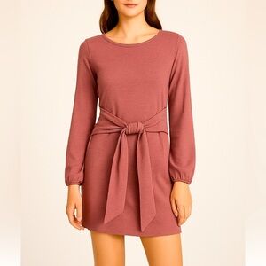 NWT Sophie Rue Rib Knit Stretch Long Sleeve Tie Waist Dress Mauve Sz S